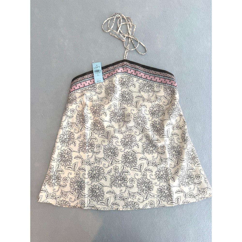 LOFT Petite Floral Halter Top Size Small Cream Pink Tie Neck
